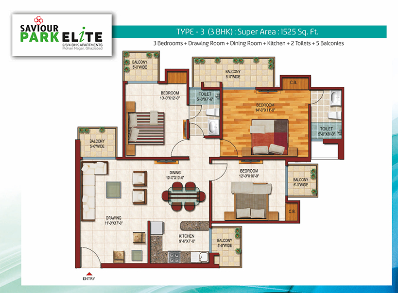  3 Bedrooms + Drawing Room + Dining Room + Kitchen + 2 Toilets + 5 Balconies