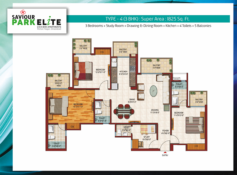 3 Bedrooms + Study Room + Drawing & Dining Room + Kitchen + 4 Toilets + 5 Balconies